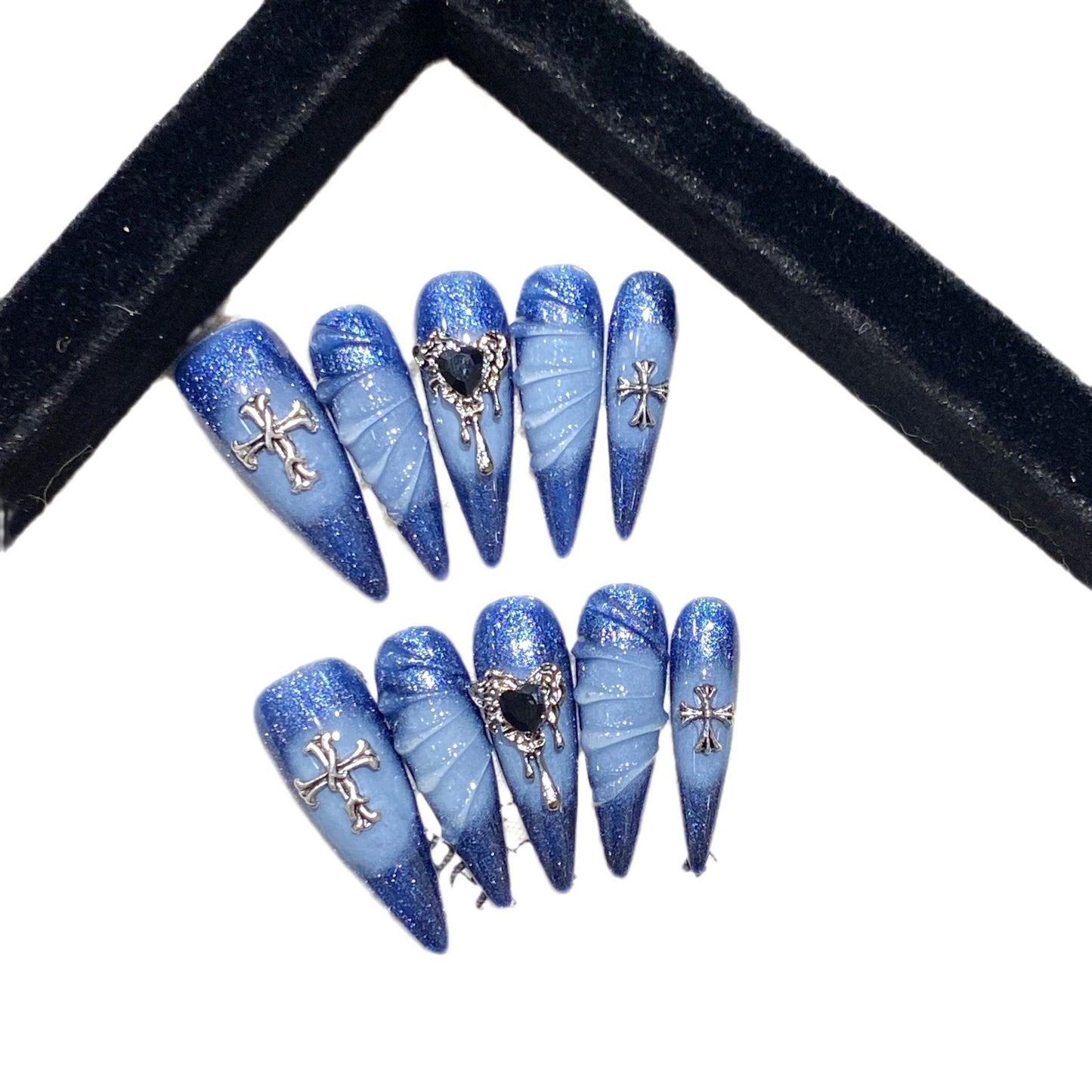 Bhivorga 100% Handmade Blue Acrylic Press On Nails, C068