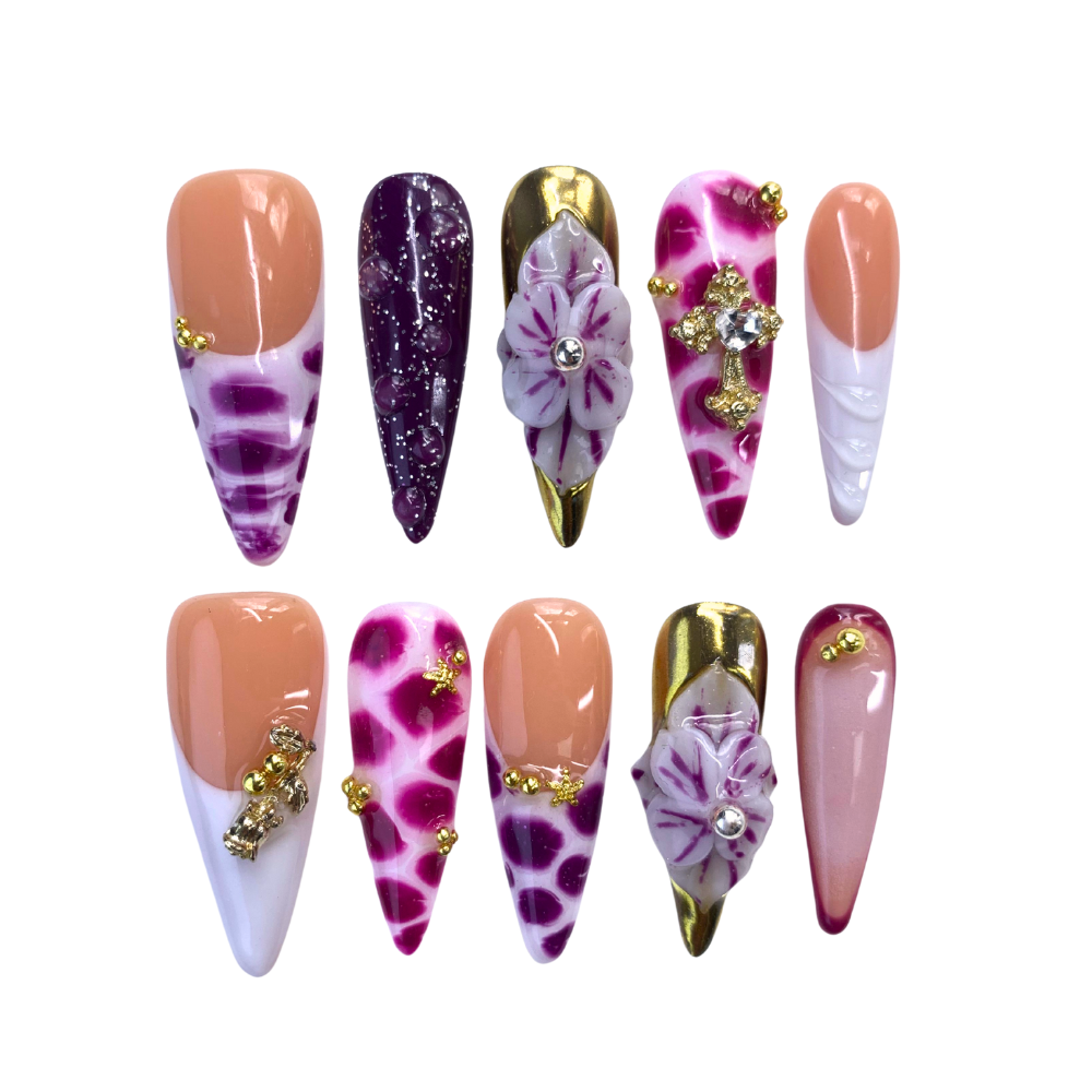 Regal Purple - Gold Floral Press - On Nails