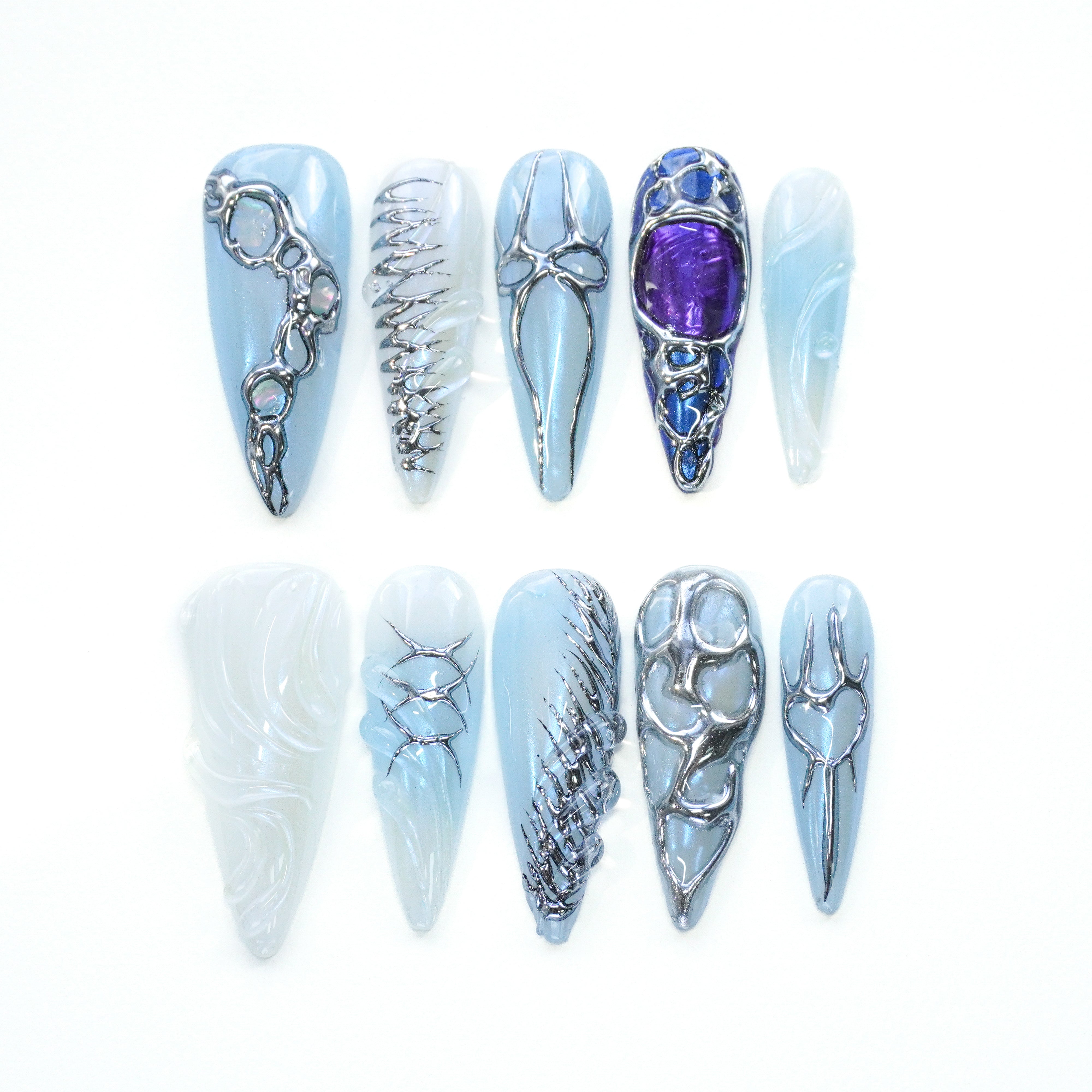 Futuristic Ice - Blue Metal Sculpted Nails