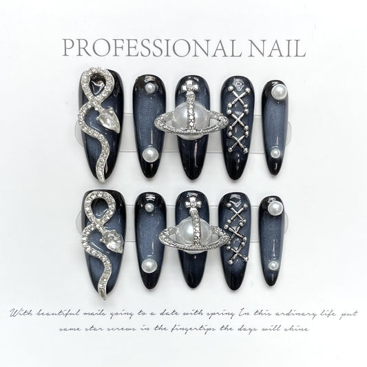 Bhivorga 100% Handmade Blue Acrylic Press On Nails, C061