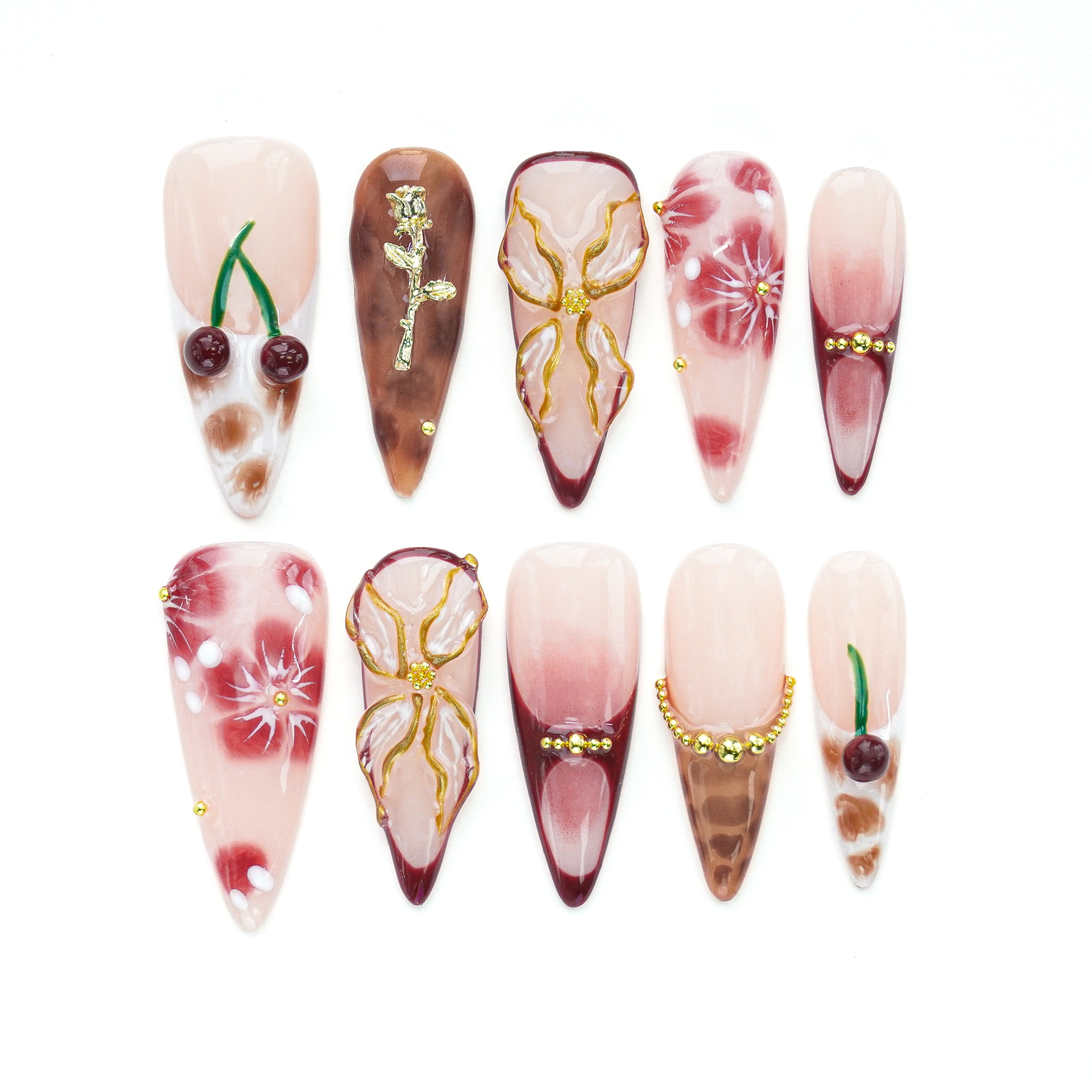 Romantic Cherry & Gold - Accent Press - On Nails