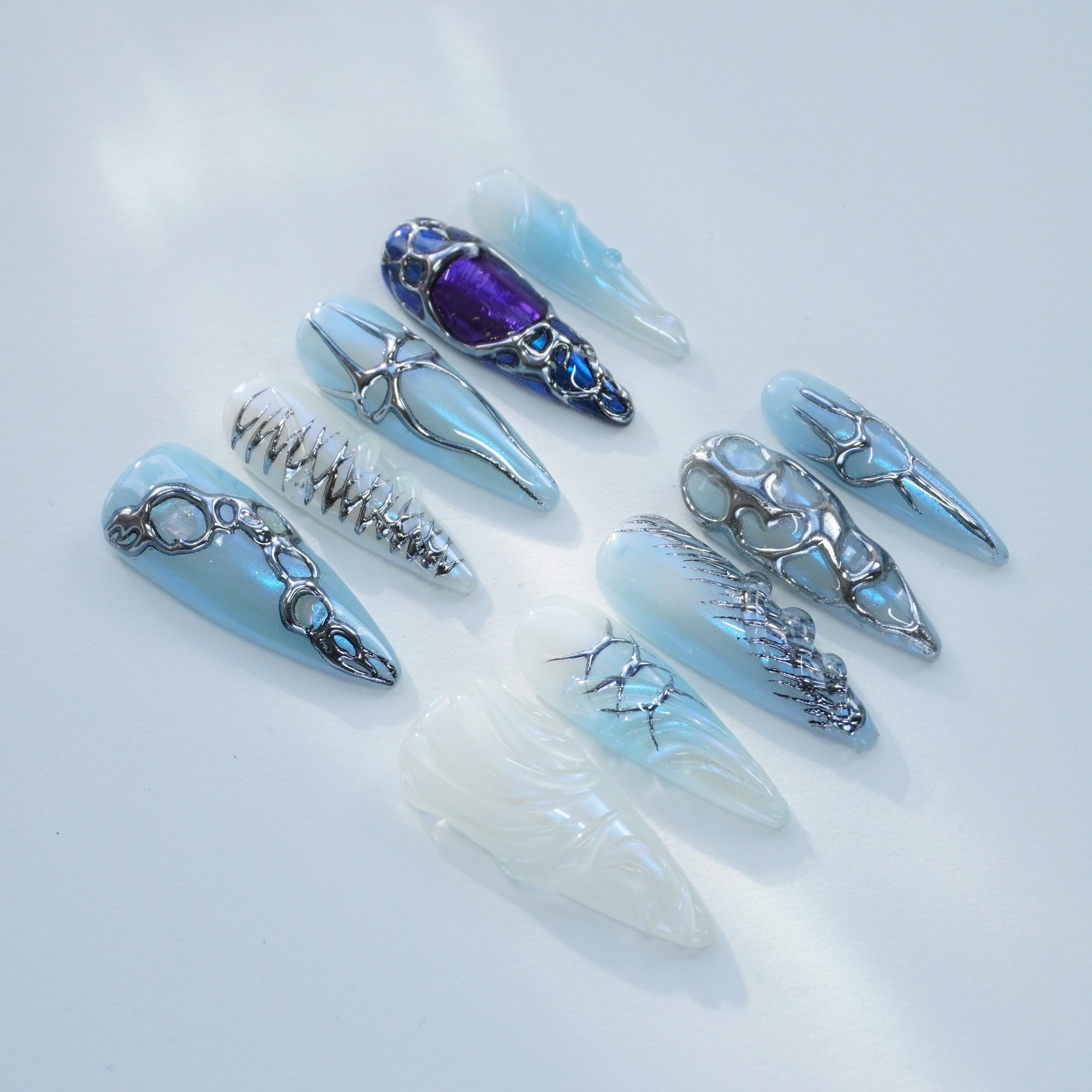 Futuristic Ice - Blue Metal Sculpted Nails