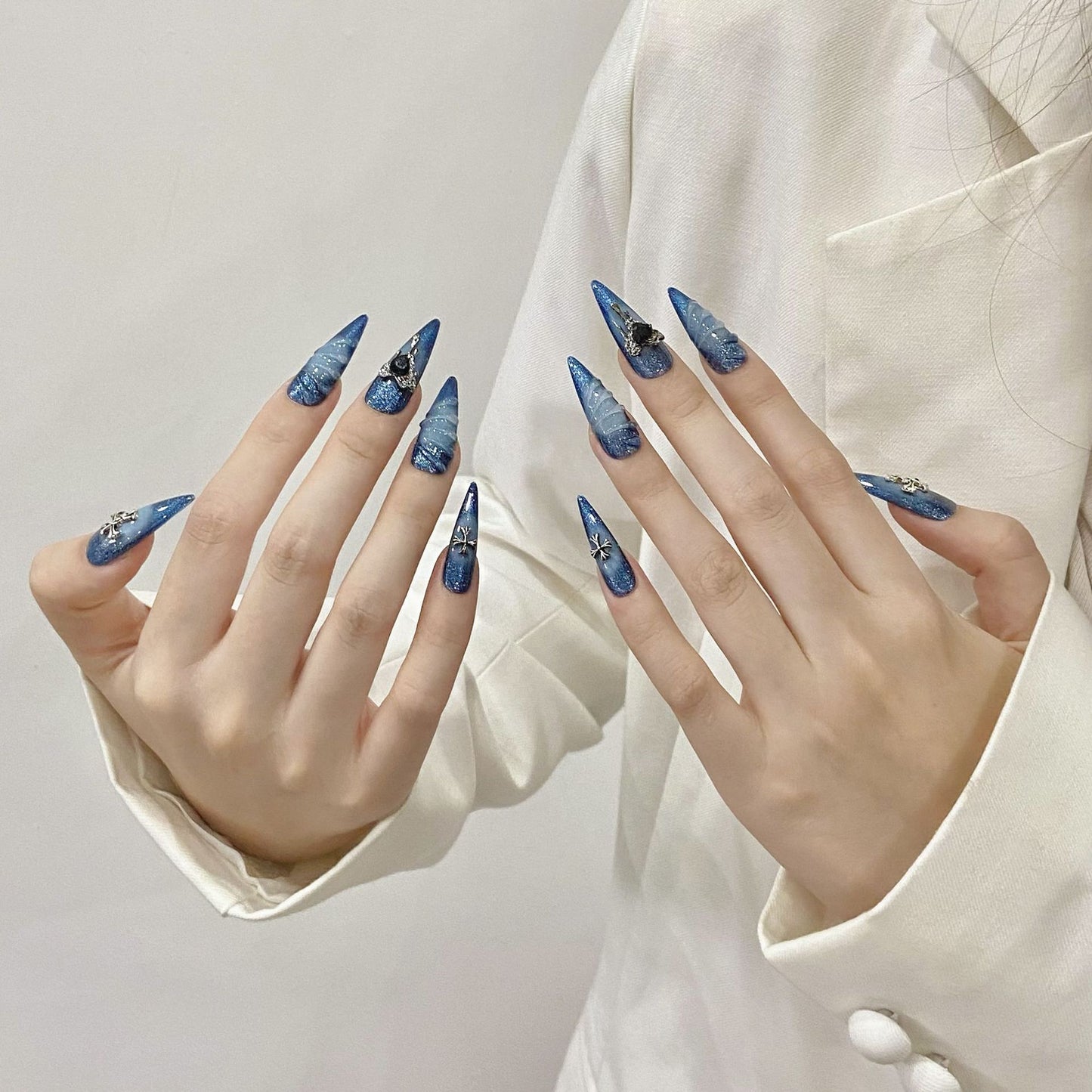 Bhivorga 100% Handmade Blue Acrylic Press On Nails, C068