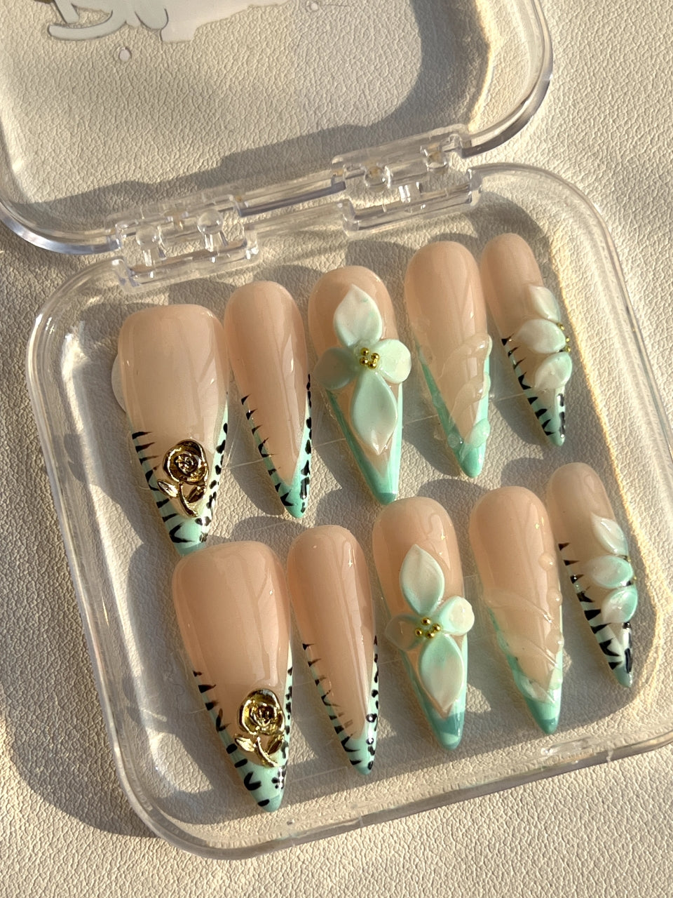 Mint Bloom & Leopard Nails