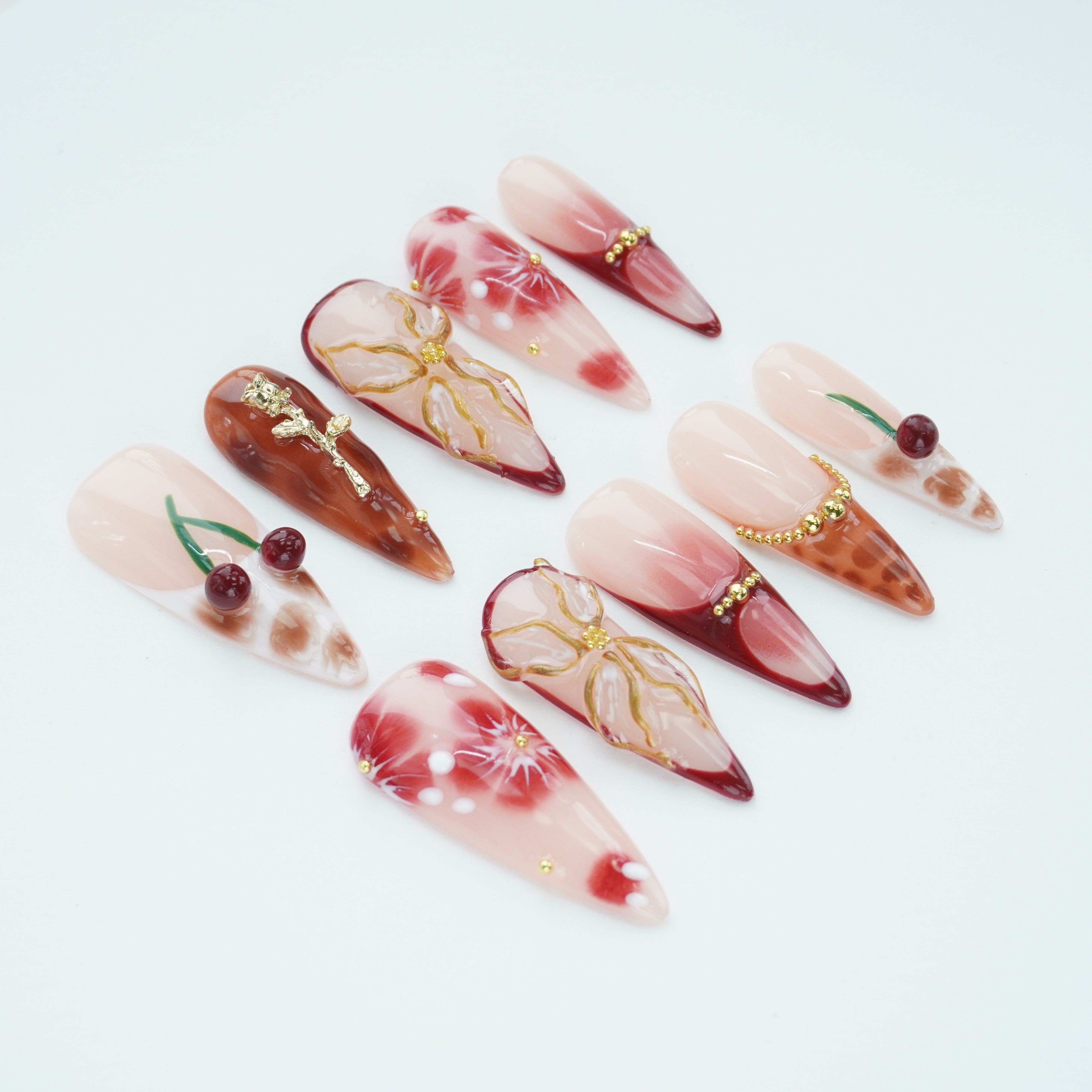 Romantic Cherry & Gold - Accent Press - On Nails