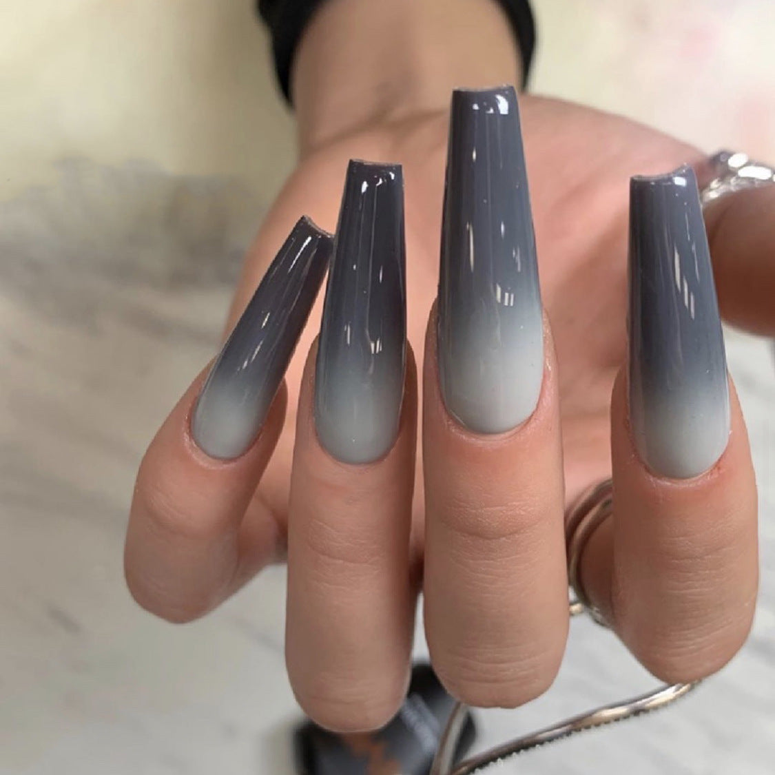 Bhivorga Gel French Tip Press On Nails 3D, Limited Edition, Long Ballet Advanced Gray Gradient